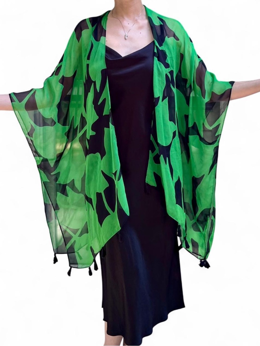 Sheer Green & Black Whimsigoth Floral Print Kimono Wrap With Tassels